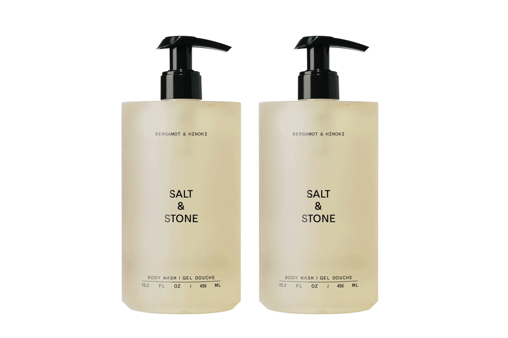 Two Salt & Stone "Bergamot & Hinoki" body wash bottles.