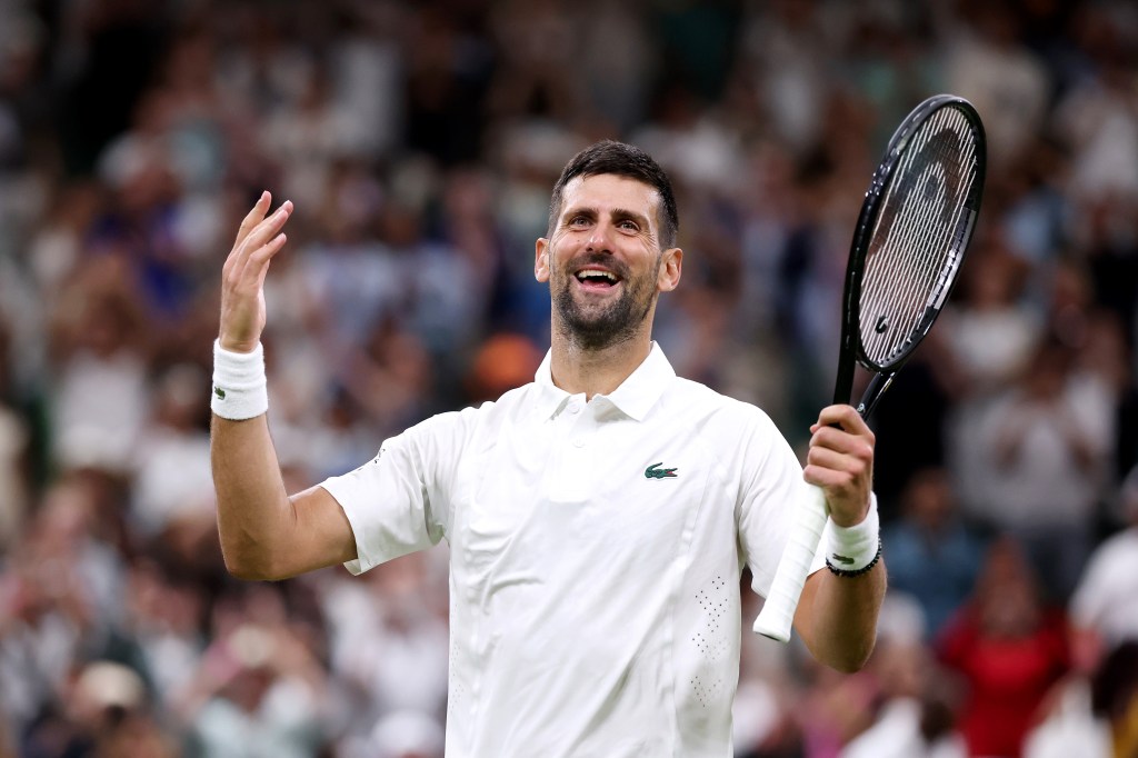 Novak Djokovic of Serbia celebrates victory during Wimbledon 2026.