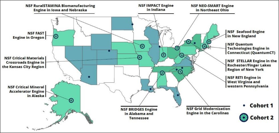 A map of the US showing the locations of NSF Engine grants.