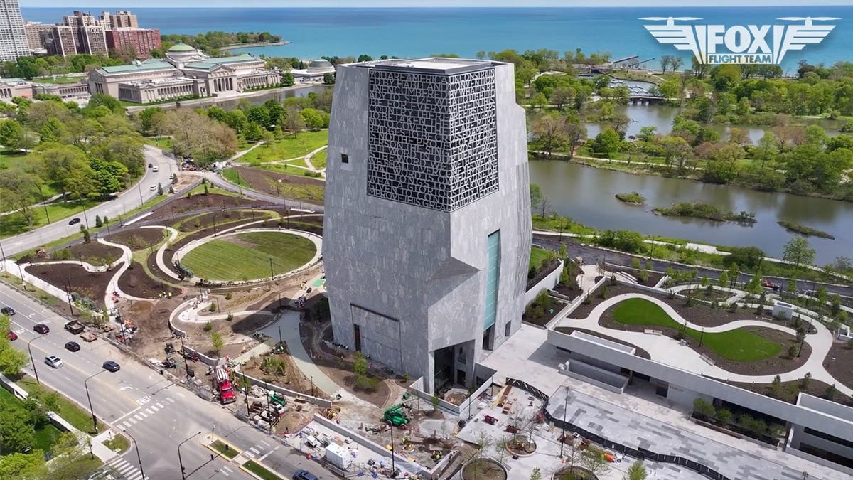 Drone shot of the Obama Presidential Center in Jackson Park on Chicago's South Side