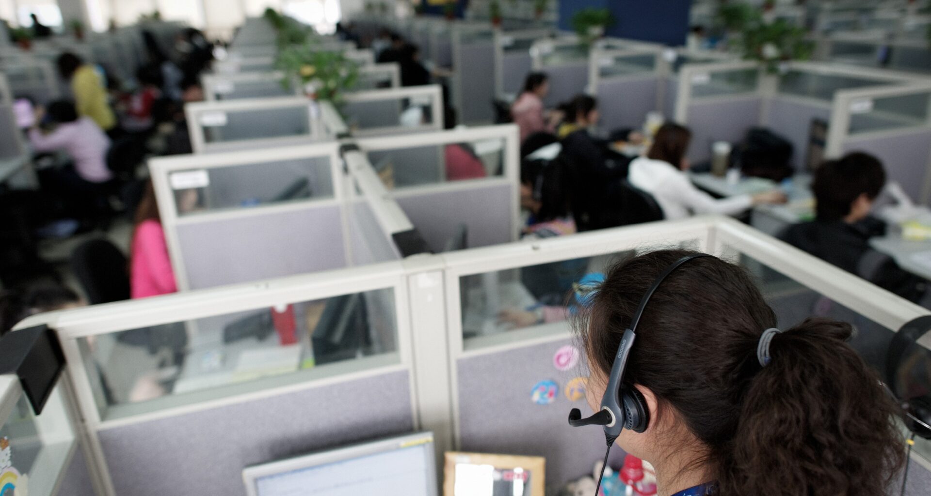 Office workers in cubicles.