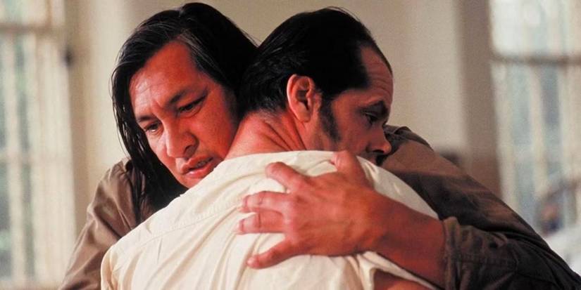 Will Sampson as Chief Bromden embraces Jack Nicholson as Randle in One Flew Over the Cuckoo's Nest.