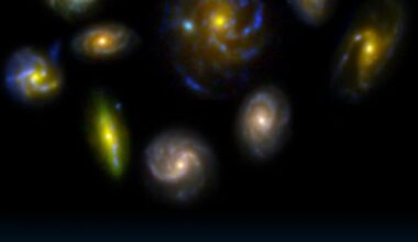 This image shows the dishes of the NOEMA interferometer and the ancient galaxies it studied. Along with JWST observations, new research shows that early galaxies channeled star forming gas with their spiral arms and bars, generating high star formation rates. Image Credit: Jean-Baptiste Jolly.