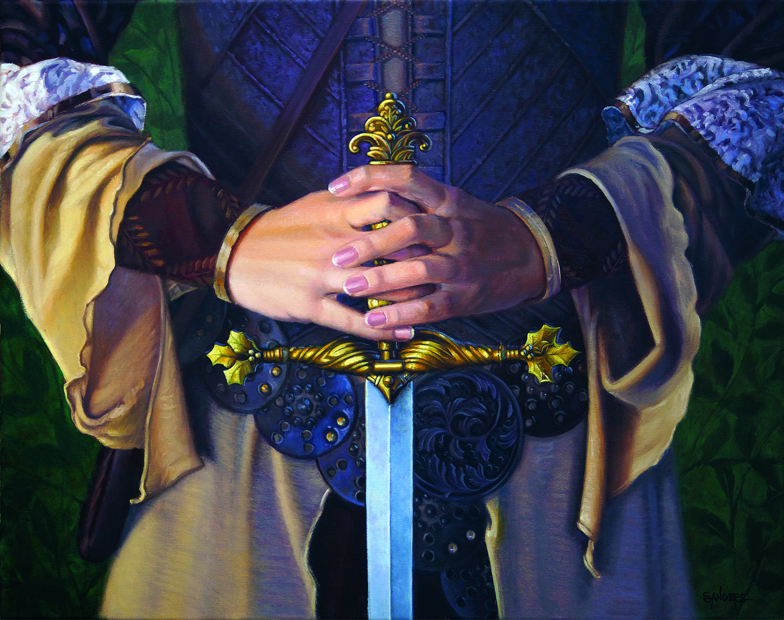 Traditional art scene showing hands clasped on the hilt of a sword
