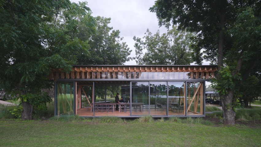 rhythmic timber and glass pavilion unfolds beneath pecan tree canopy in argentina - 1