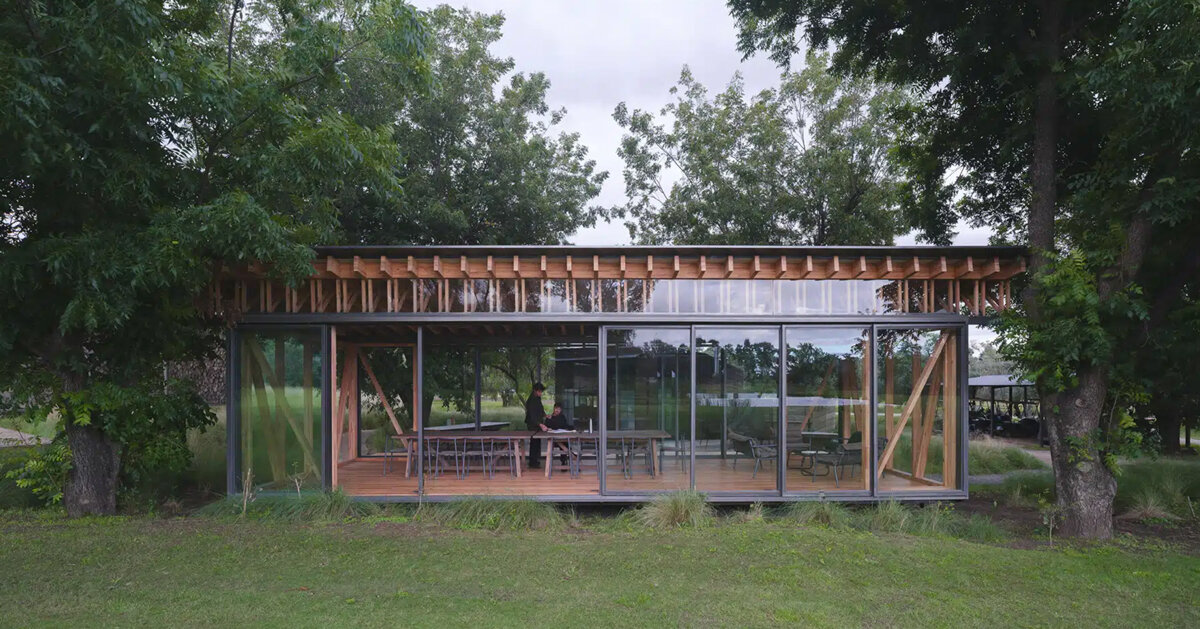 rhythmic timber pavilion unfolds beneath tree canopy in argentina