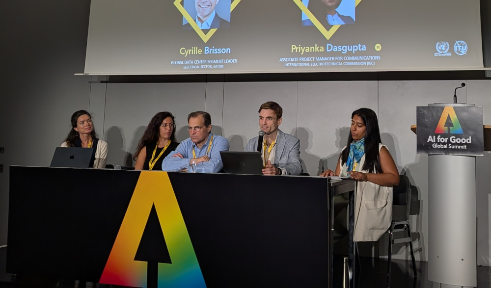 Data centre electricity consumption will double by 2030. But solutions exist, experts at an AI for Good panel in Geneva: (L-R) Molly Webb (Energy Unlocked), Laura Schade (UK), Cyrille Brisson (Eaton), Thomas Spencer (IEA), Priyanka Dasgupta (moderator).