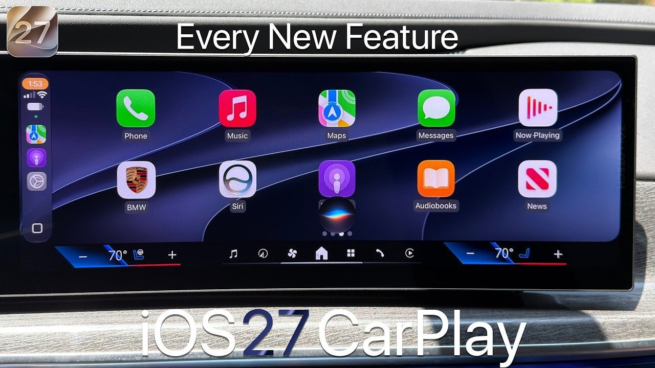 Apple TV app streaming video on a CarPlay screen while parked.