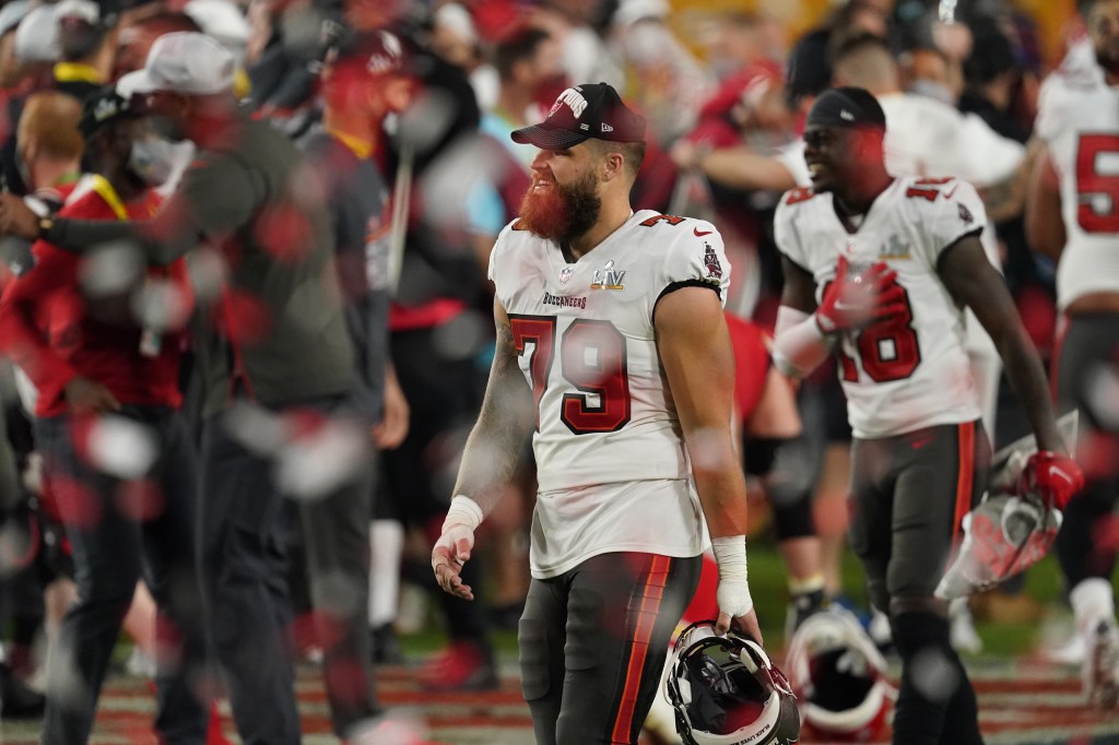 Tampa Bay Buccaneers players celebrating their Super Bowl LV win.