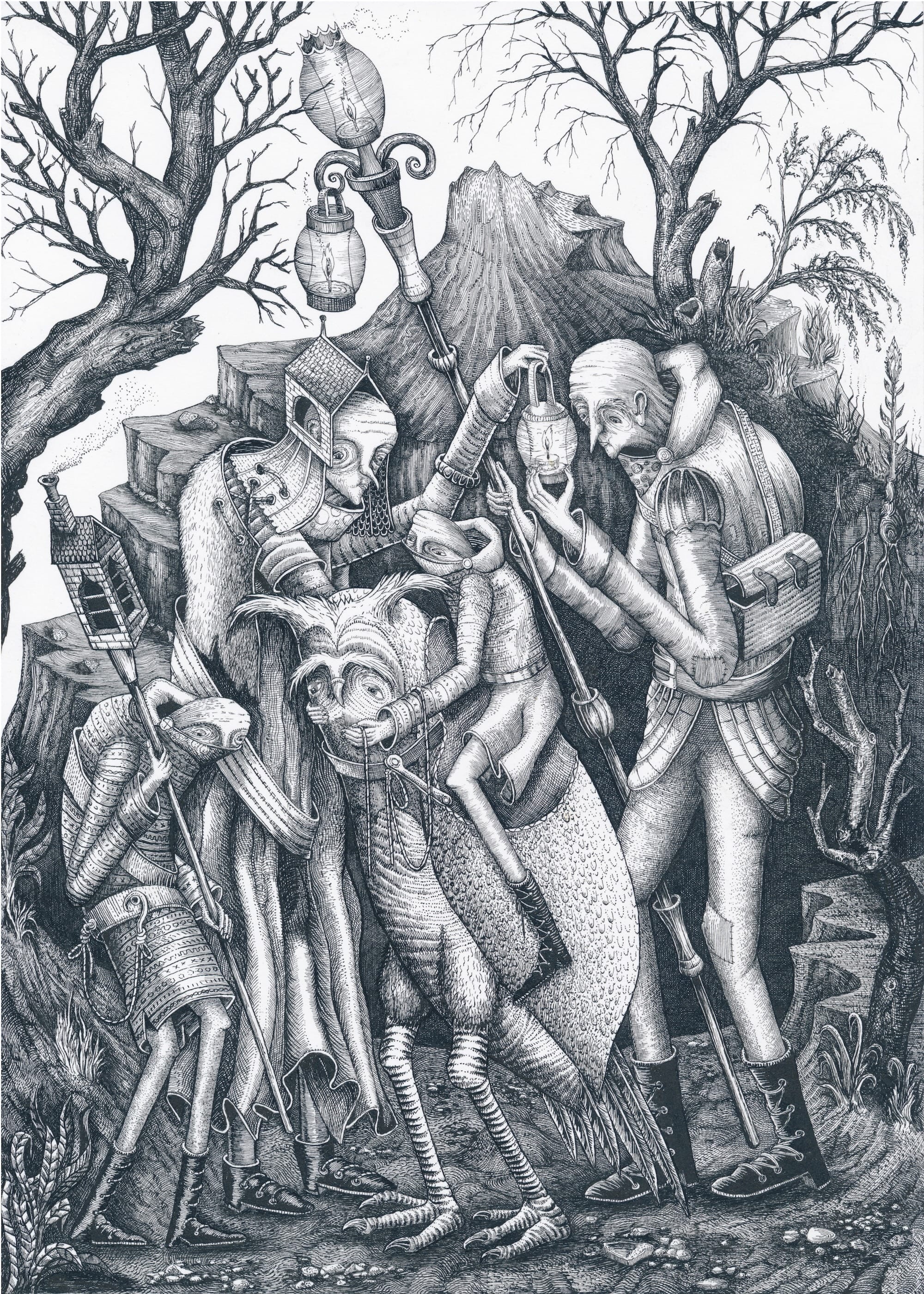 a contemporary etching inspired by Renaissance compositions