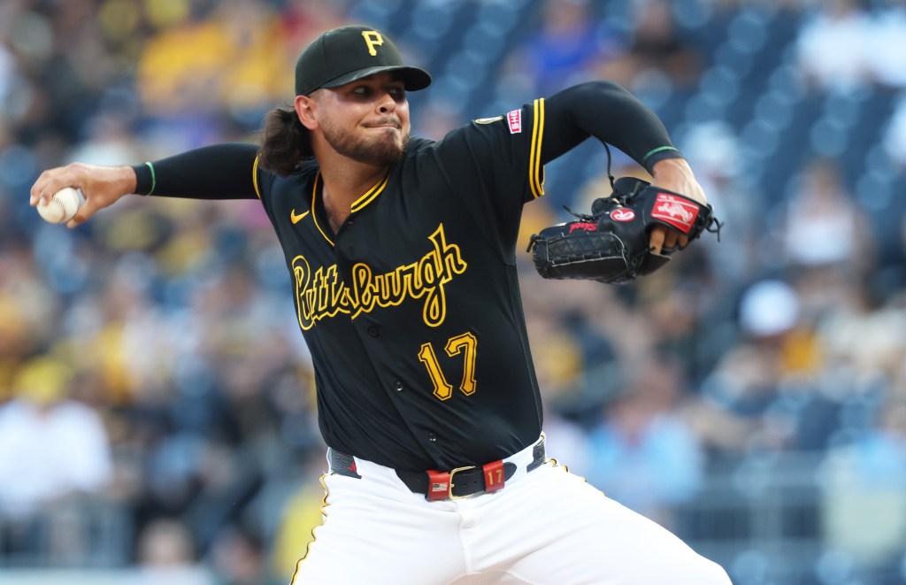 Pittsburgh Pirates pitcher Jared Jones (17) delivers a pitch.