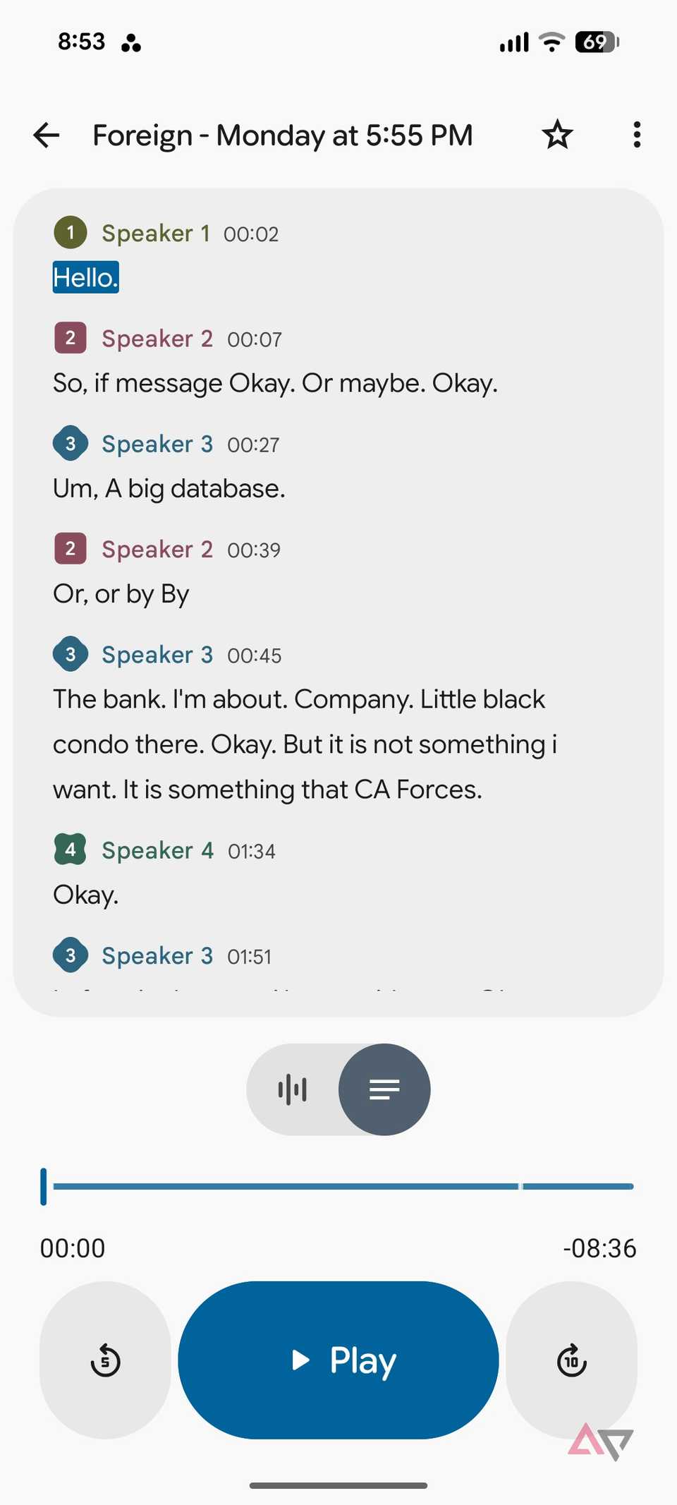 A screenshot showing recorder app transcribe on Pixel