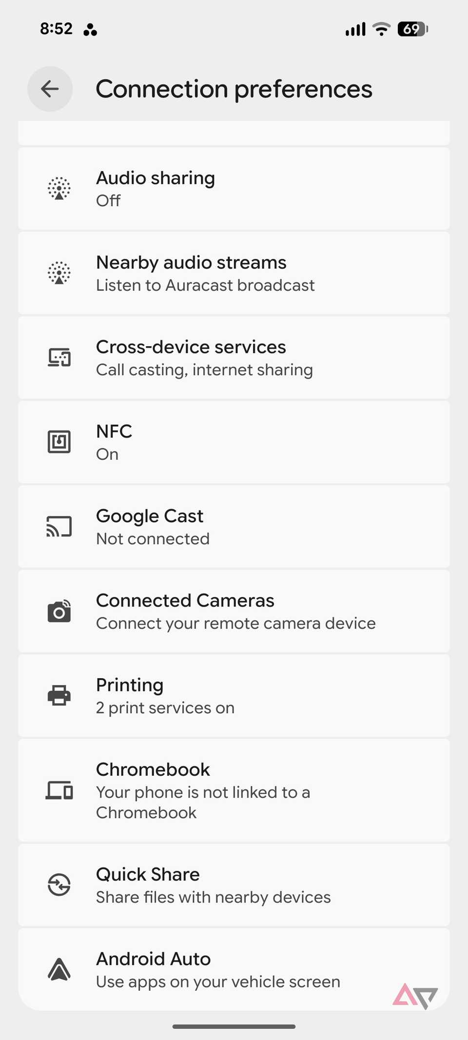 A screenshot showing connection menu on Pixel