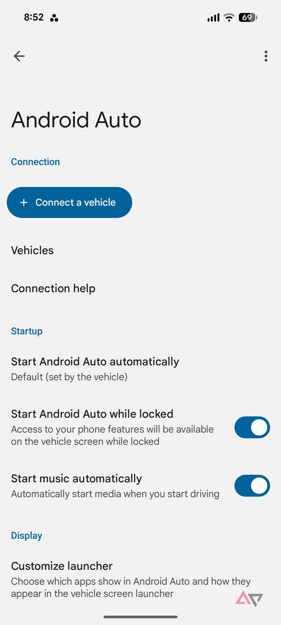 A screenshot showing Android Auto menu on Pixel