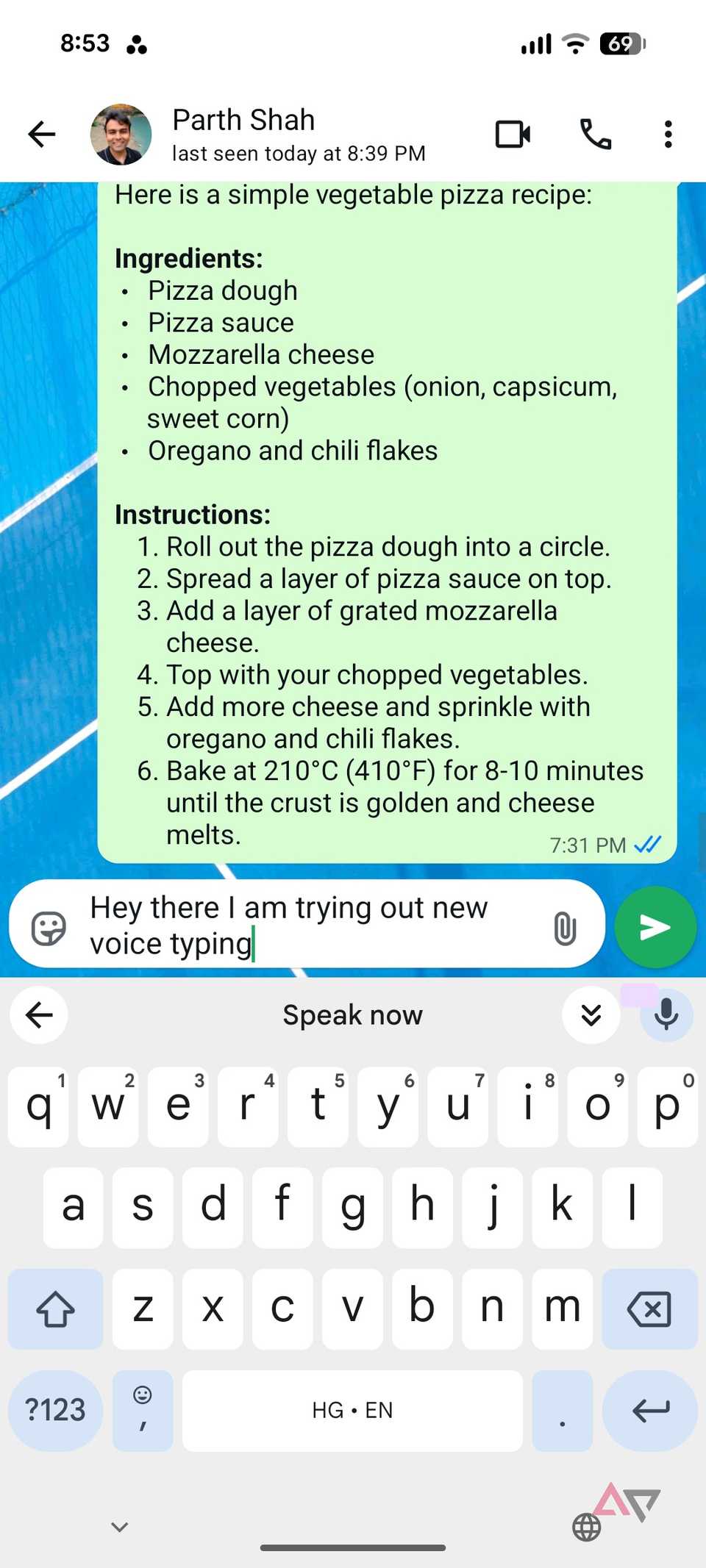 A screenshot showing voice typing on Pixel