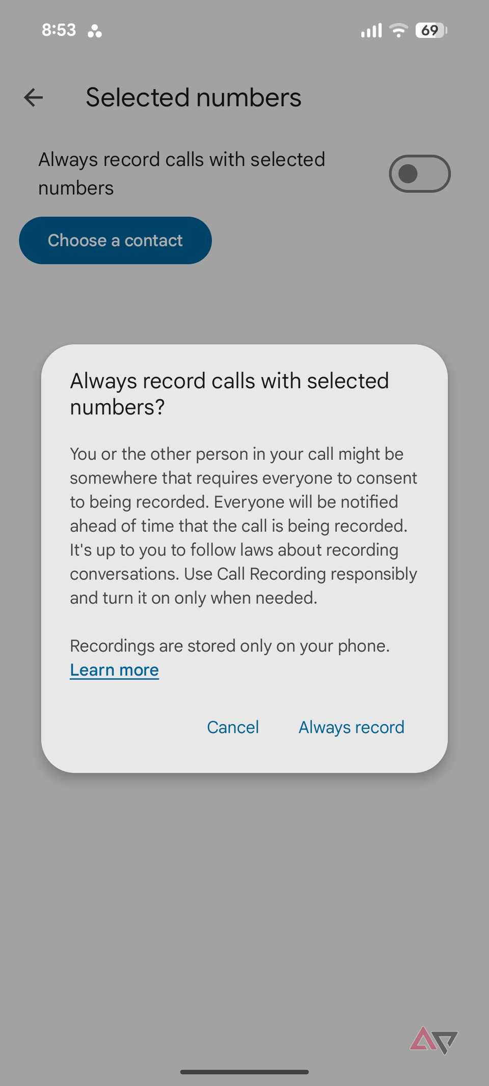 A screenshot showing call recording menu on Pixel