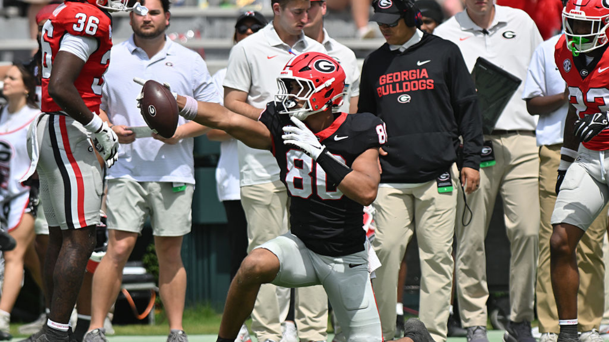 Kaiden Prothro celebrates a reception during a scrimmage at Sanford Stadium.