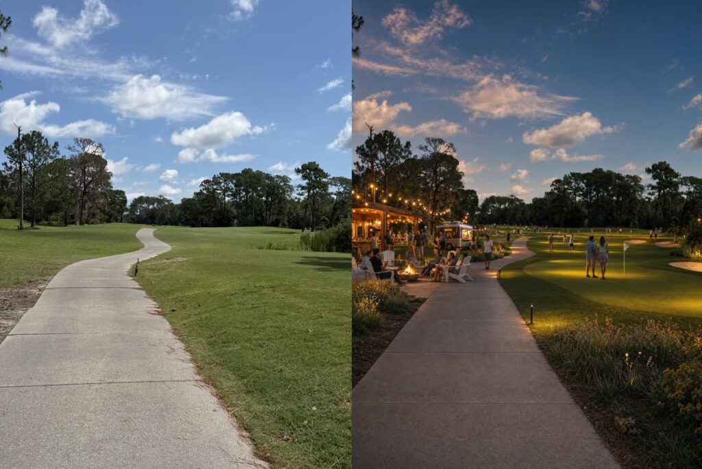 A vision for the putting green currently and under The Track's proposal.