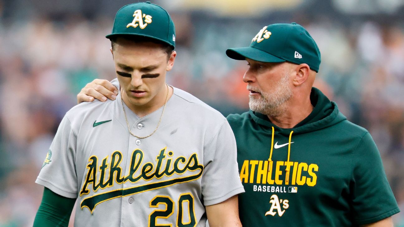 Athletics' Zack Gelof exits early after colliding with fence