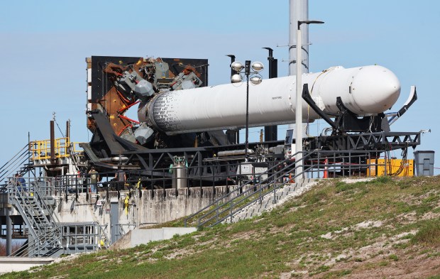 A Terran 1 rocket in the Transporter Erector at Launch Complex 16 during a tour of Relativity Space at Cape Canaveral Space Force Station on Tuesday, Dec. 6, 2022. (Ricardo Ramirez Buxeda/Orlando Sentinel)