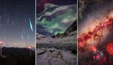 A triptych showing meteor streaks over wind turbines, colorful northern lights above a snowy mountain and icy lake, and a detailed view of a red-tinted galaxy in outer space.
