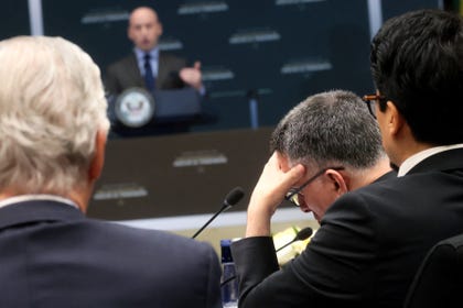 Foreign Minister Gideon Sa'ar listens to remarks by White House Deputy Chief of Staff Stephen Miller during a ministerial meeting on political violence, at the State Department in Washington, D.C., U.S., July 16, 2026.