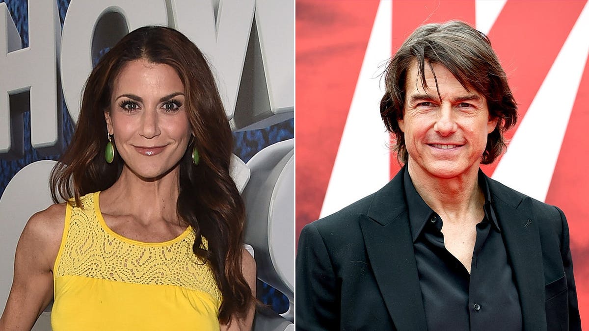 photo of Samantha Harris wearing yellow and smiling split with Tom Cruise wearing black and smiling