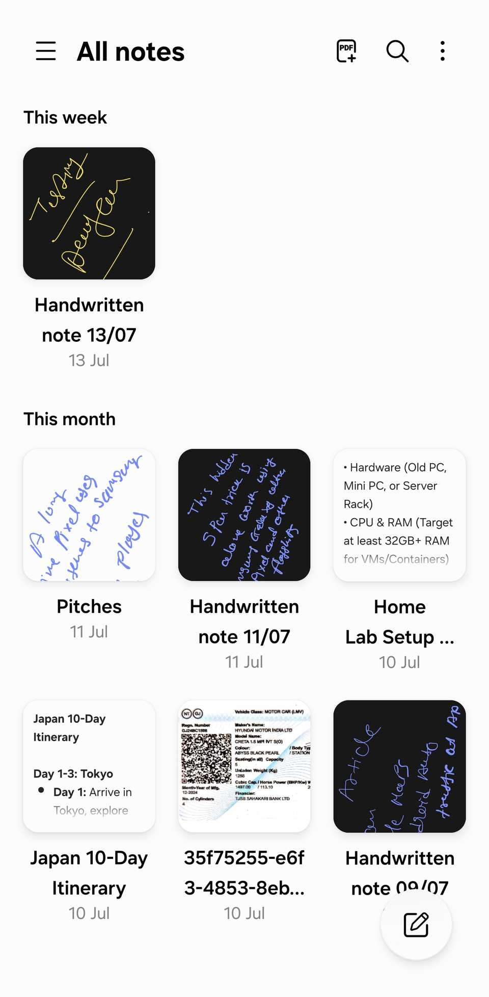 A screenshot showing all notes in Samsung Notes