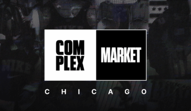 Text reading "COMPLEX MARKET CHICAGO" on a dark background with various sports jerseys.