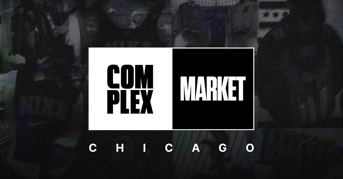 Text reading "COMPLEX MARKET CHICAGO" on a dark background with various sports jerseys.