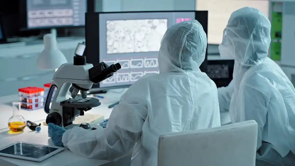 Scientists do tests in a lab.