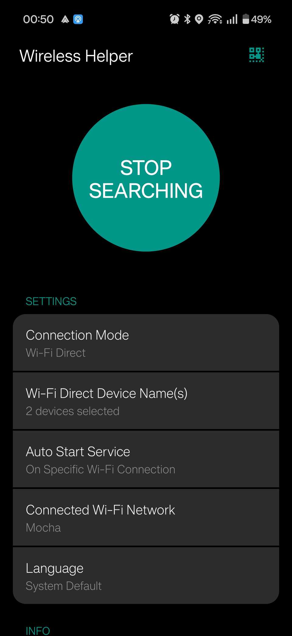 The Wireless Helper app with the Connection mode set to Wi-Fi Direct.