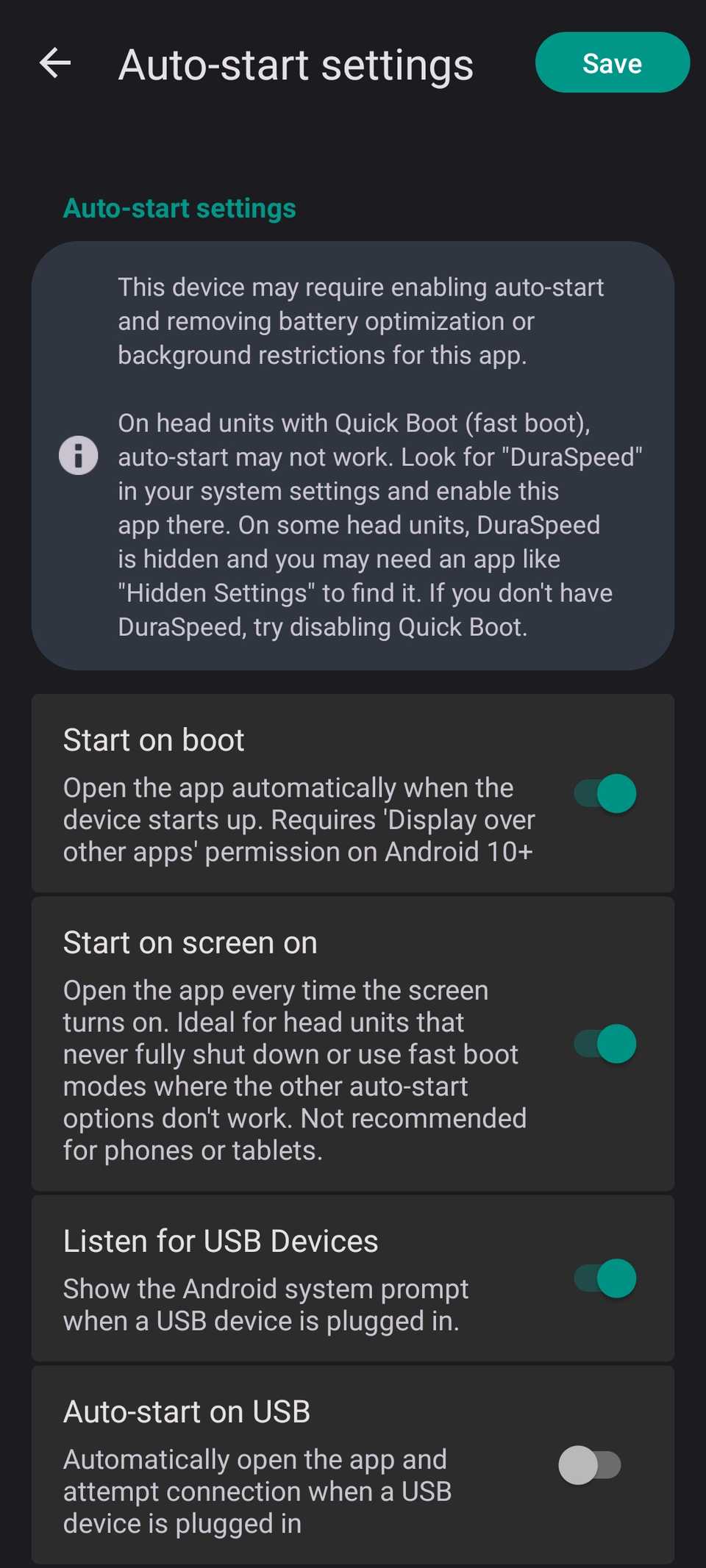 Start on screen boot enabled in the Headunit Revived app.