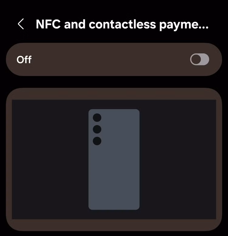 Screenshot_20260715_214105_SettingsSamsung Settings screen showing the NFC and contactless payments toggle turned off.
