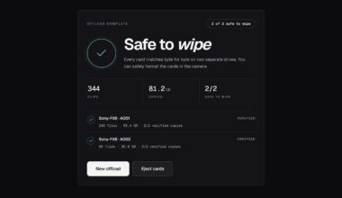 A software interface shows "Safe to wipe" with a green check. It displays 344 clips, 81.2 GB copied, 2/2 safe to wipe, and verified Sony FX6 cards. Buttons for "New offload" and "Eject cards" are at the bottom.
