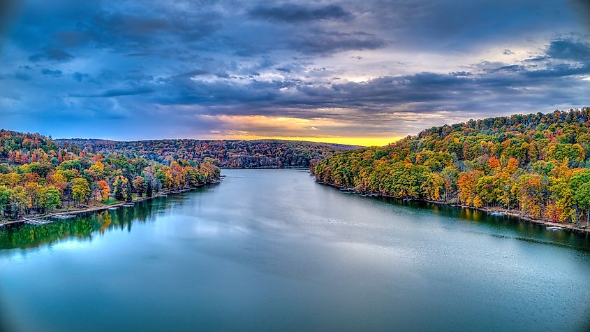 Colorful sunset over Deep Creek Lake on a cloudy fall evening.