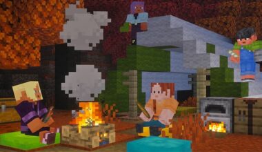 Minecraft characters sit around a camp fire.