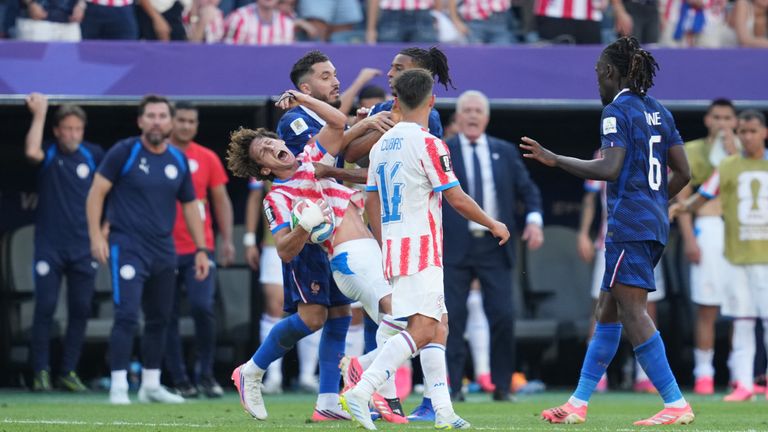Matias Galarza reacts during a coming together with Michael Olise