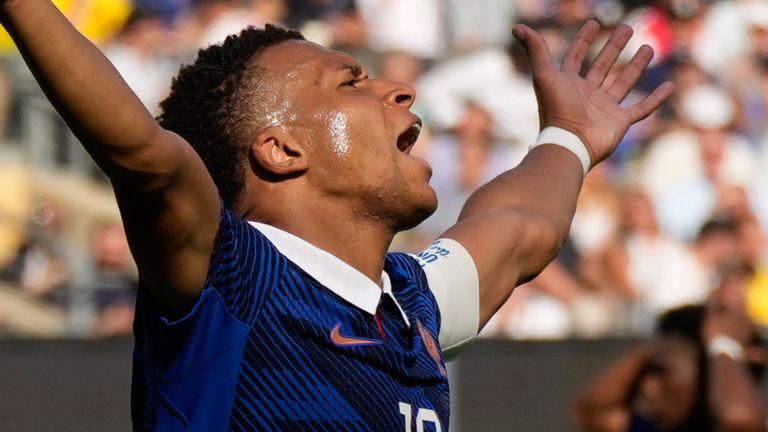 France's Kylian Mbappe reacts during the World Cup round of 32 soccer match between France and Sweden in East Rutherford, N.J., near New York, Tuesday, June 30, 2026. (AP Photo/Seth Wenig)