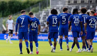 TRONDHEIM, NORWAY - JULY 24: Shea Lacey of Manchester United celebrates scoring their first goal during the pre-season friendly match between Rosenborg and Manchester United at Lerkendal Stadion on July 24, 2026 in Trondheim, Norway. (Photo by Ash Donelon/Manchester United via Getty Images)
