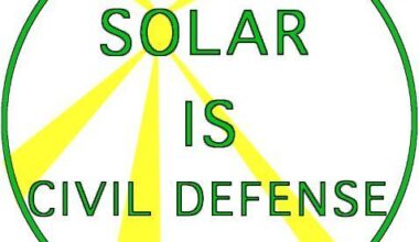 A green circle with "Solar IS Civil Defense" in green letters and the "o" in "Solar" yellow and emitting five yellow rays to the circumference of the circle