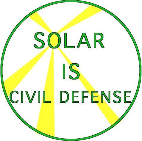 A green circle with "Solar IS Civil Defense" in green letters and the "o" in "Solar" yellow and emitting five yellow rays to the circumference of the circle