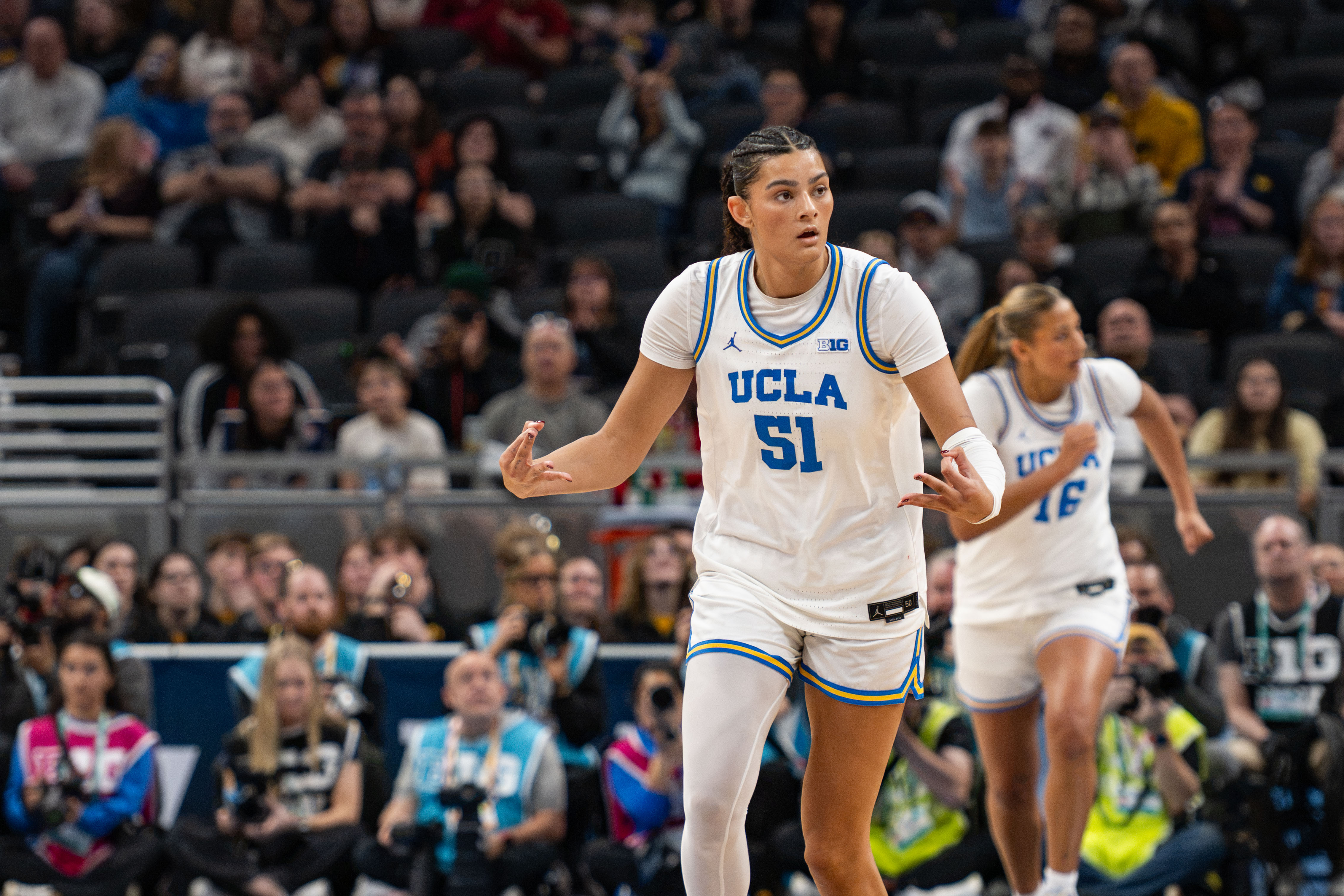 Former Bruin center Lauren Betts celebrates a 3-pointer. Betts was selected fourth overall by the Washington Mystics in the 2026 WNBA Draft.
(Brianna Carlson/Daily Bruin staff)