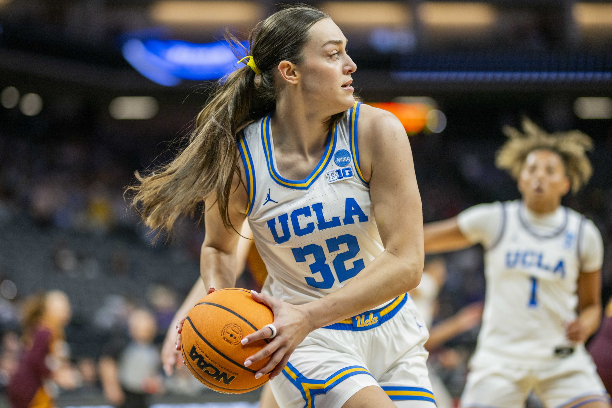 Former Bruin forward Angela Dugalić holds the ball by her hip. Dugalić was selected by the Washington Mystics in the first round of the 2026 WNBA Draft. (Andrew Ramiro Diaz/Photo editor)