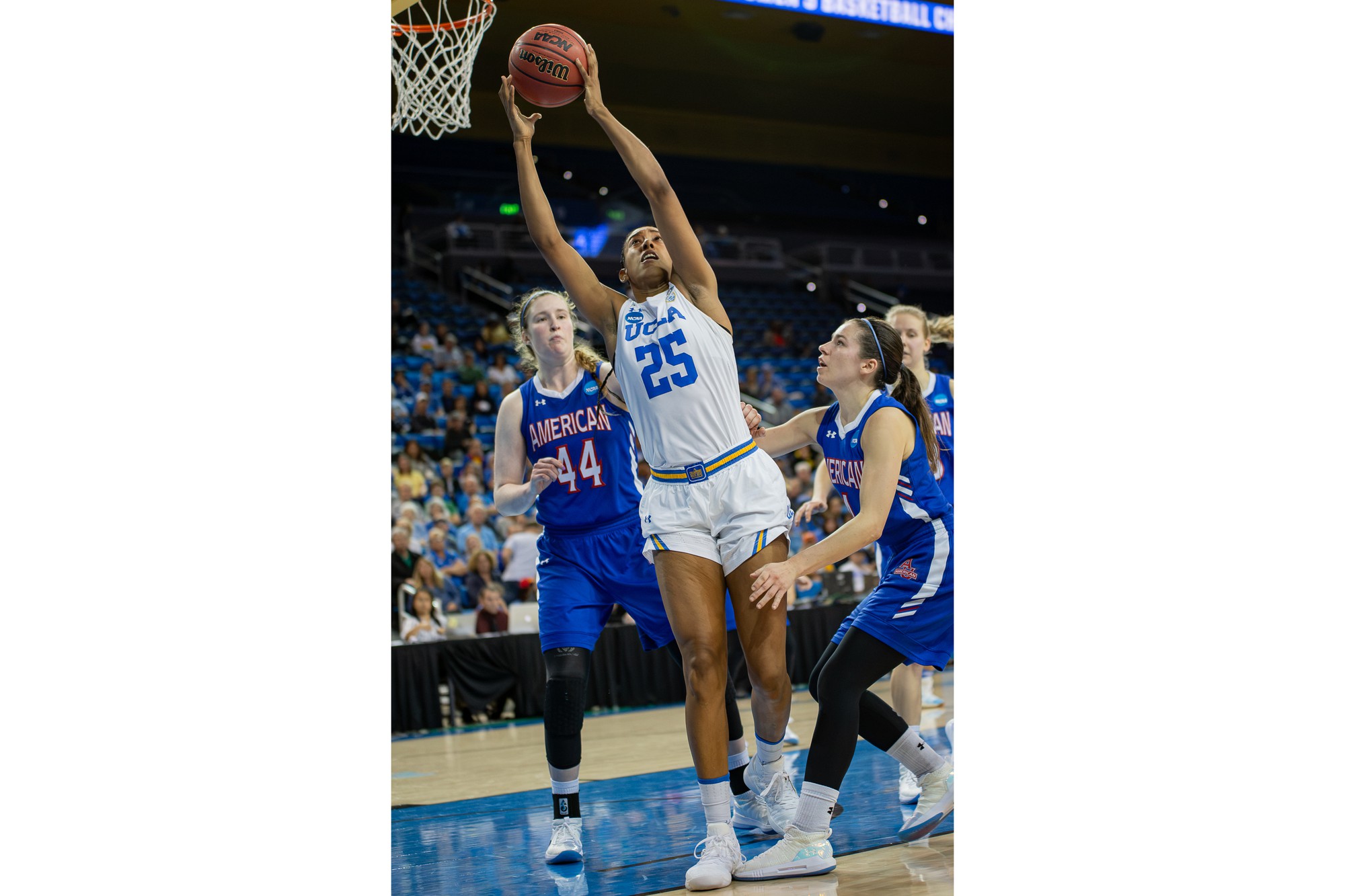 Former Bruin forward Monique Billings grabs a rebound. Billings ranks first in total rebounds in UCLA program history and plays for the Indiana Fever. (Daily Bruin file photo)