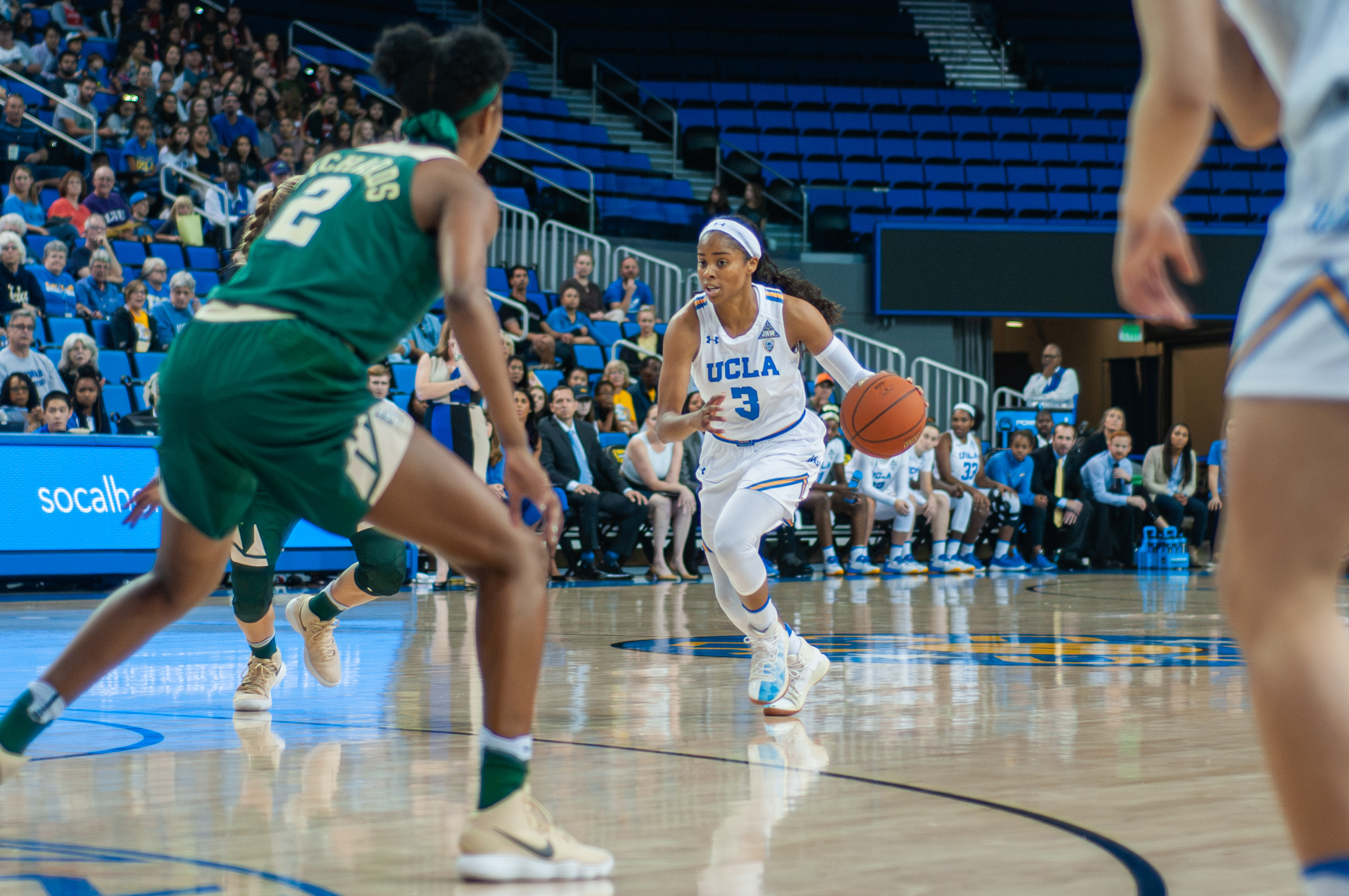 Former Bruin guard Jordin Canada attacks the lane. Canada plays for the Atlanta Dream and sits third in the league for assists per game. (Daily Bruin file photo)