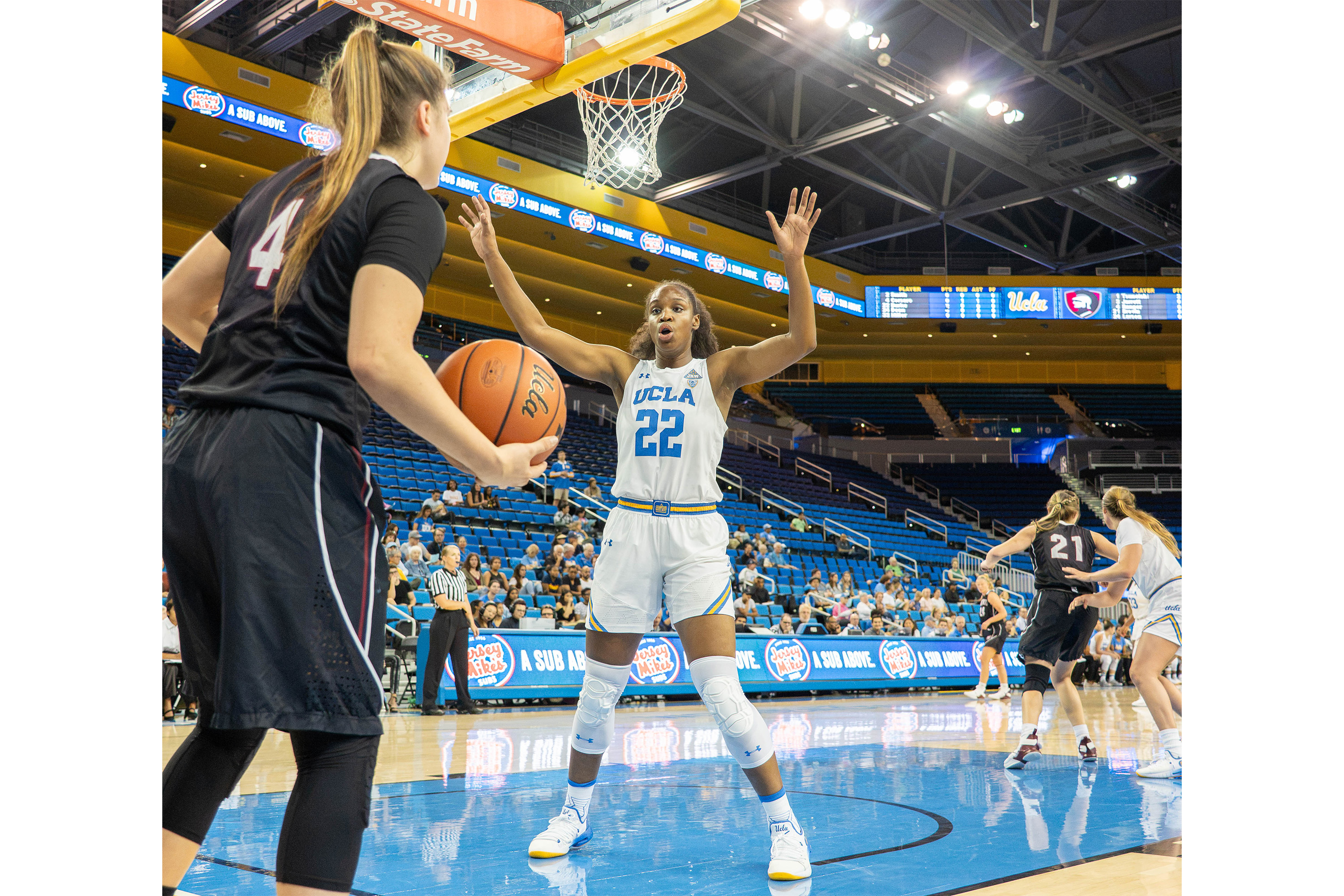 Former Bruin guard Kennedy Burke guards an inbound pass. Burke is currently active on the Connecticut Sun roster, alongside two other former Bruins. (Daily Bruin file photo)