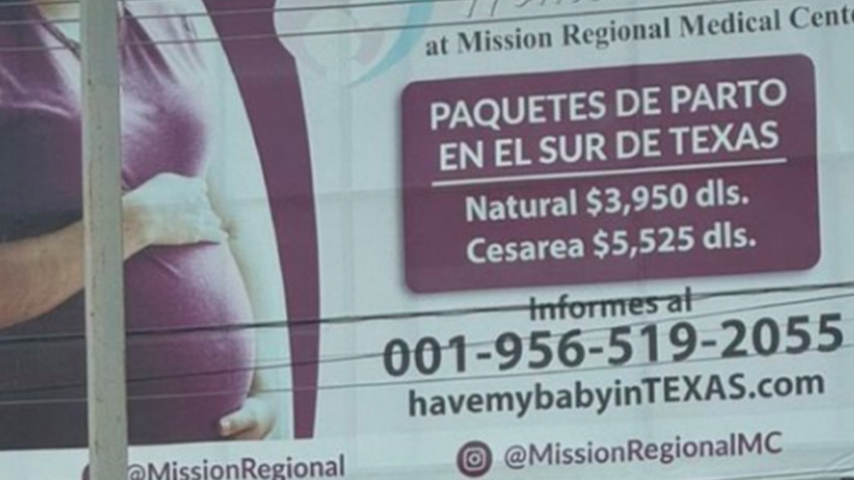 Spanish-language billboard advertising maternity birth packages at Mission Regional Medical Center in South Texas, listing prices for natural delivery and C-section services.