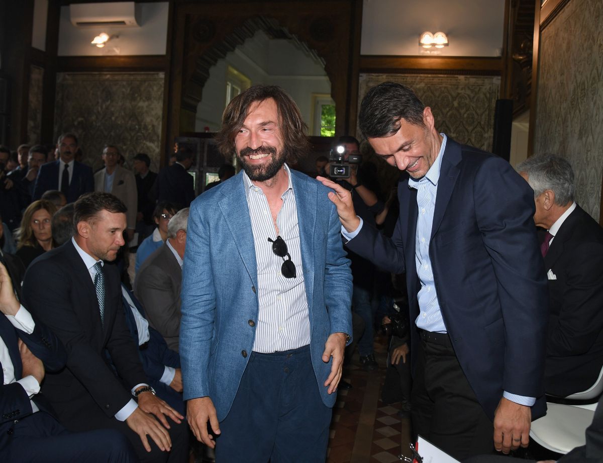 MILAN, ITALY - MAY 21: Andrea Pirlo and Paolo Maldini attend Special Teams Legends Onlus Press Conference on May 21, 2019 in Milan, Italy. (Photo by Claudio Villa/Getty Images)