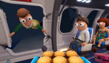 Someone flies out the hatch as others are served hamburgers.